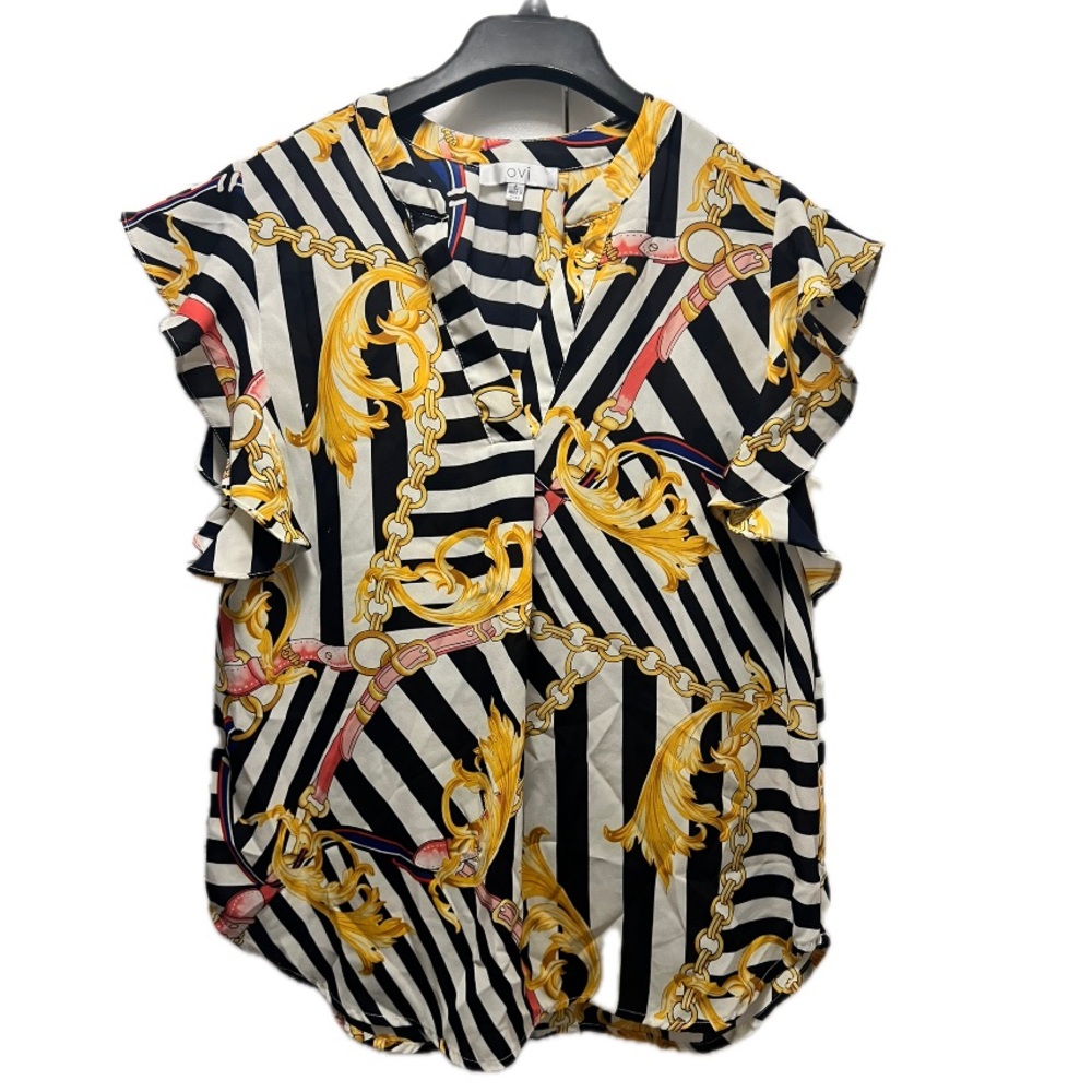 OVI Stripes and Chains Ruffle Sleeve V-Neck Blouse in Size L (Navy Blue/White)